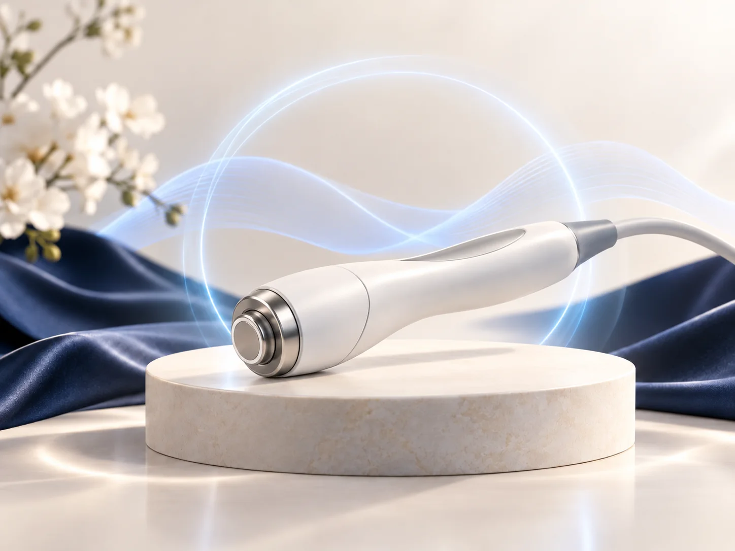 Illustrative artwork of a radiofrequency applicator on an ivory pedestal
