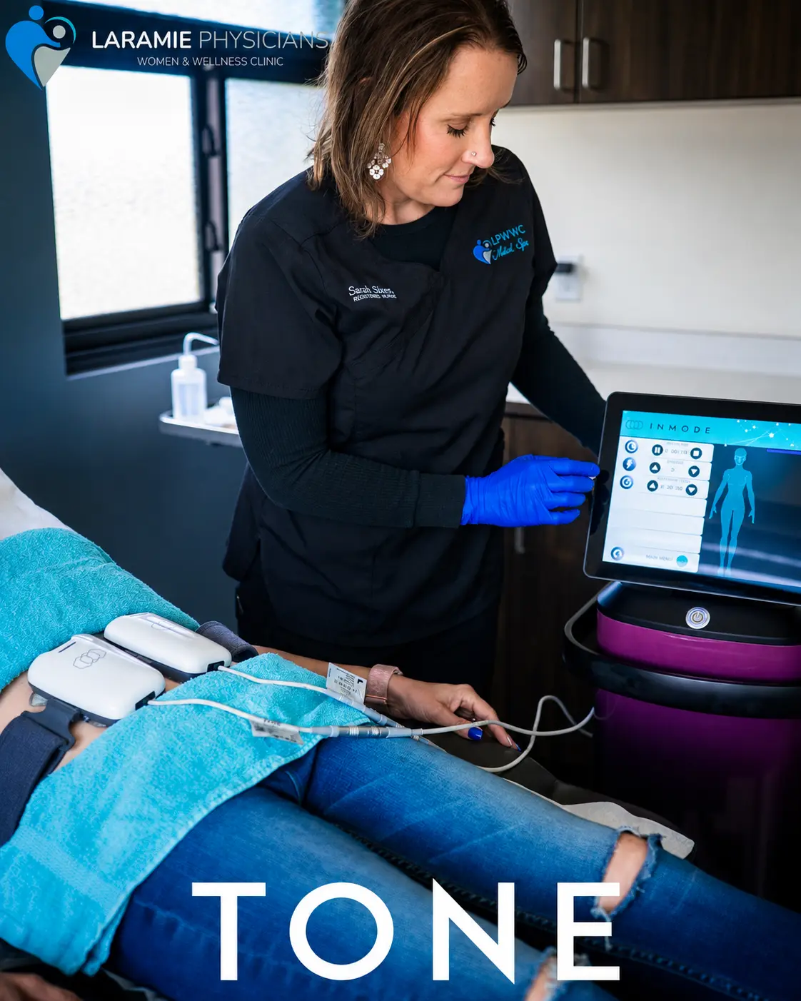LPWWC clinician setting up an InMode Tone muscle stimulation treatment