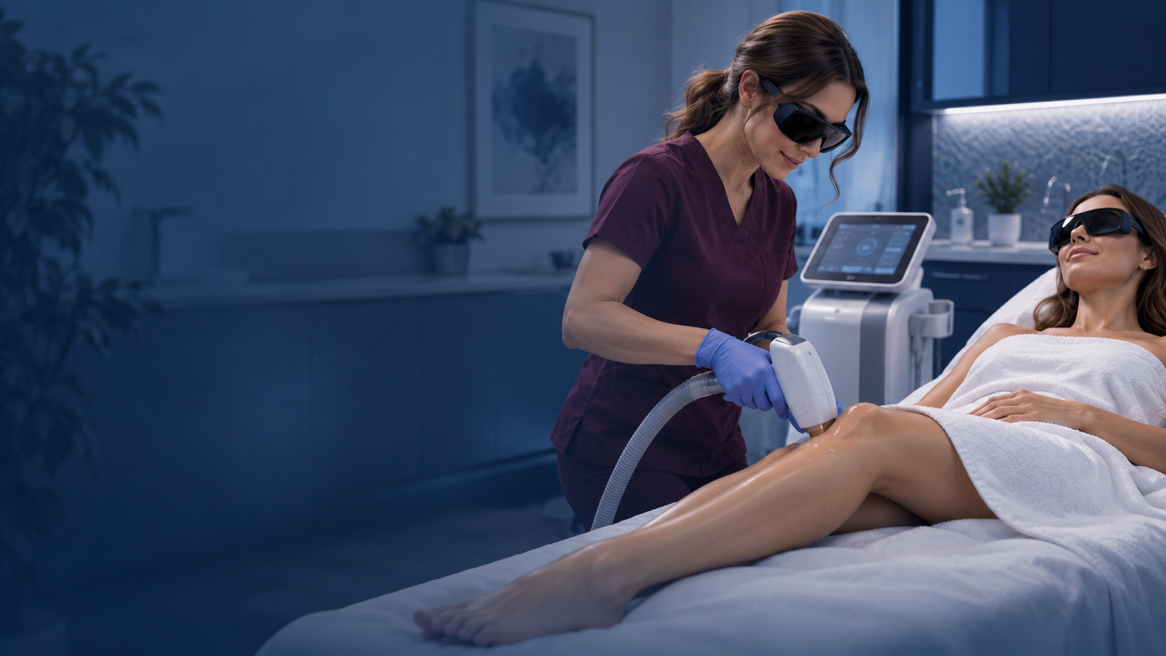 Laser hair removal treatment on a patient’s leg