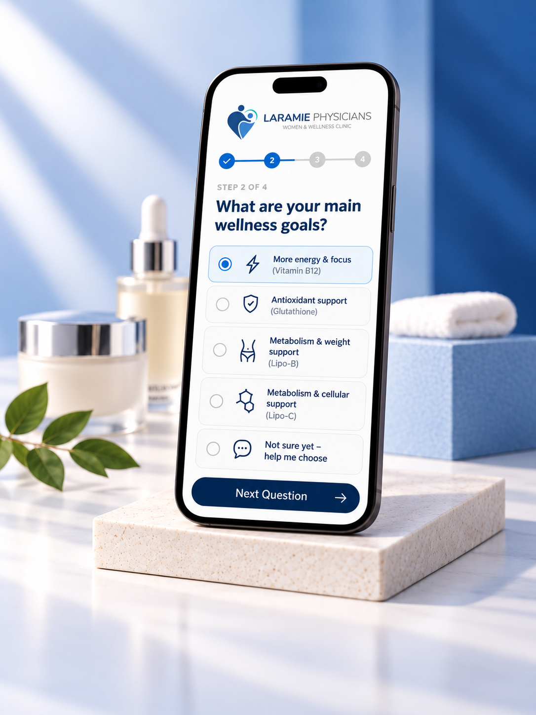 Phone displaying Wellness Injections preference questions for B12, Glutathione, Lipo-B and Lipo-C