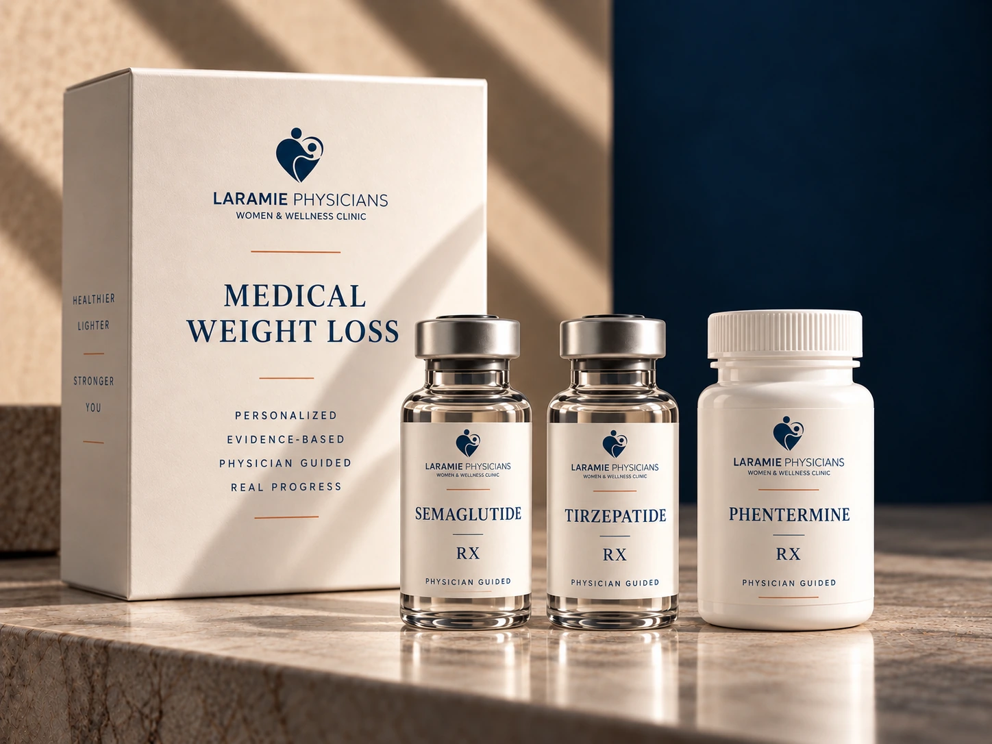 LPWWC Medical Weight Loss packaging with Semaglutide and Tirzepatide vials and a Phentermine bottle — illustrative product rendering