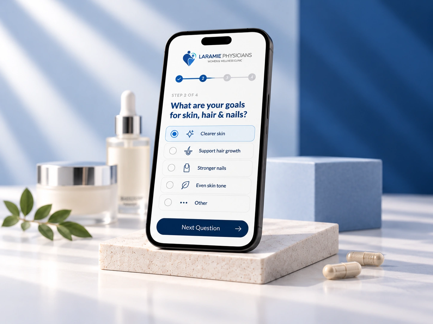 Illustration of Skin, Hair & Nails treatment discovery on an LPWWC smartphone screen