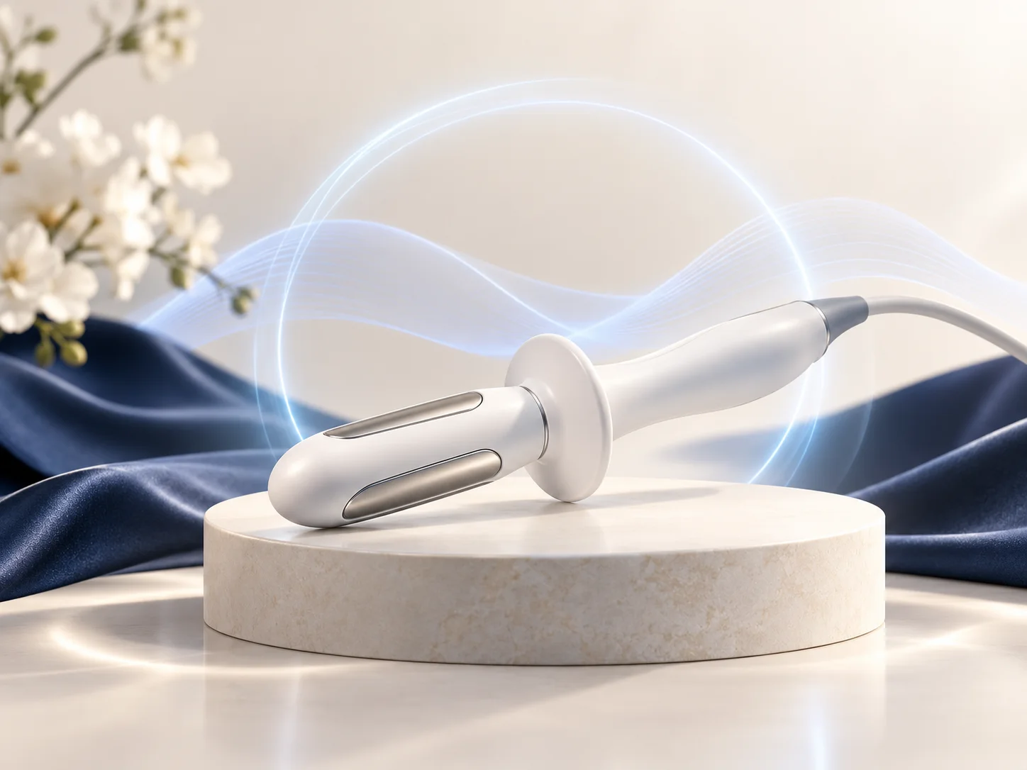 Illustrative artwork of a pelvic-floor stimulation applicator on an ivory pedestal