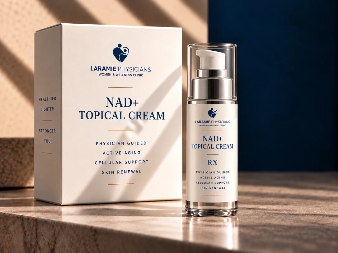 LPWWC-branded NAD+ Topical Cream box and pump dispenser