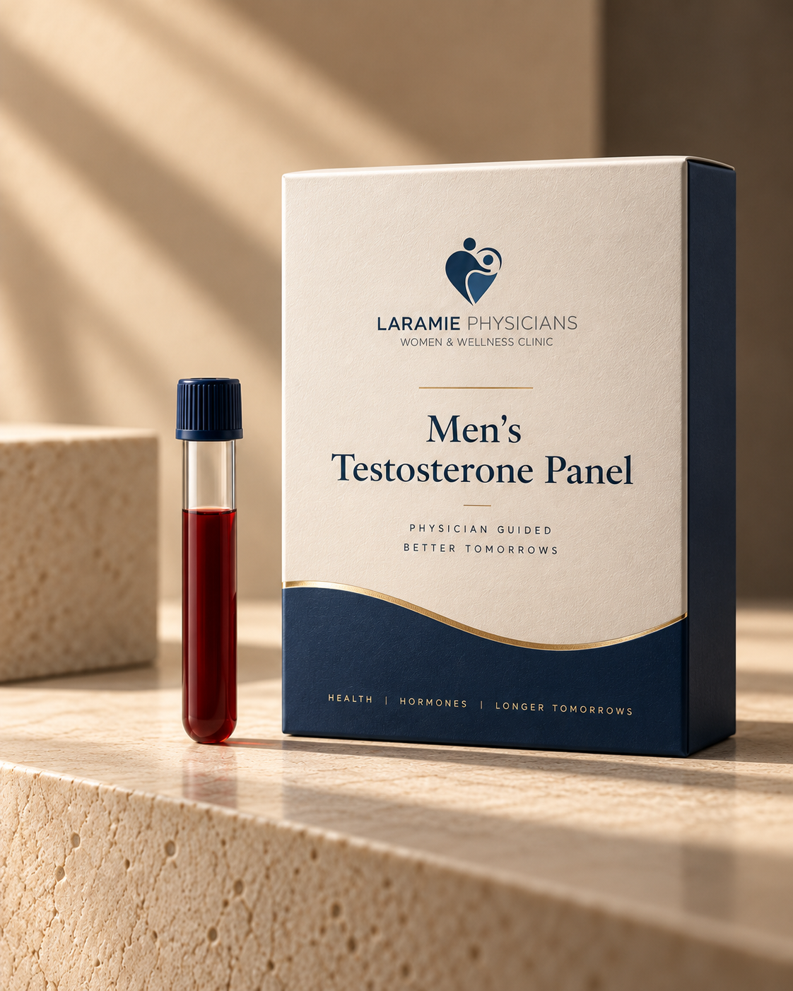 LPWWC illustrated Men's Testosterone Panel box beside a blood sample tube