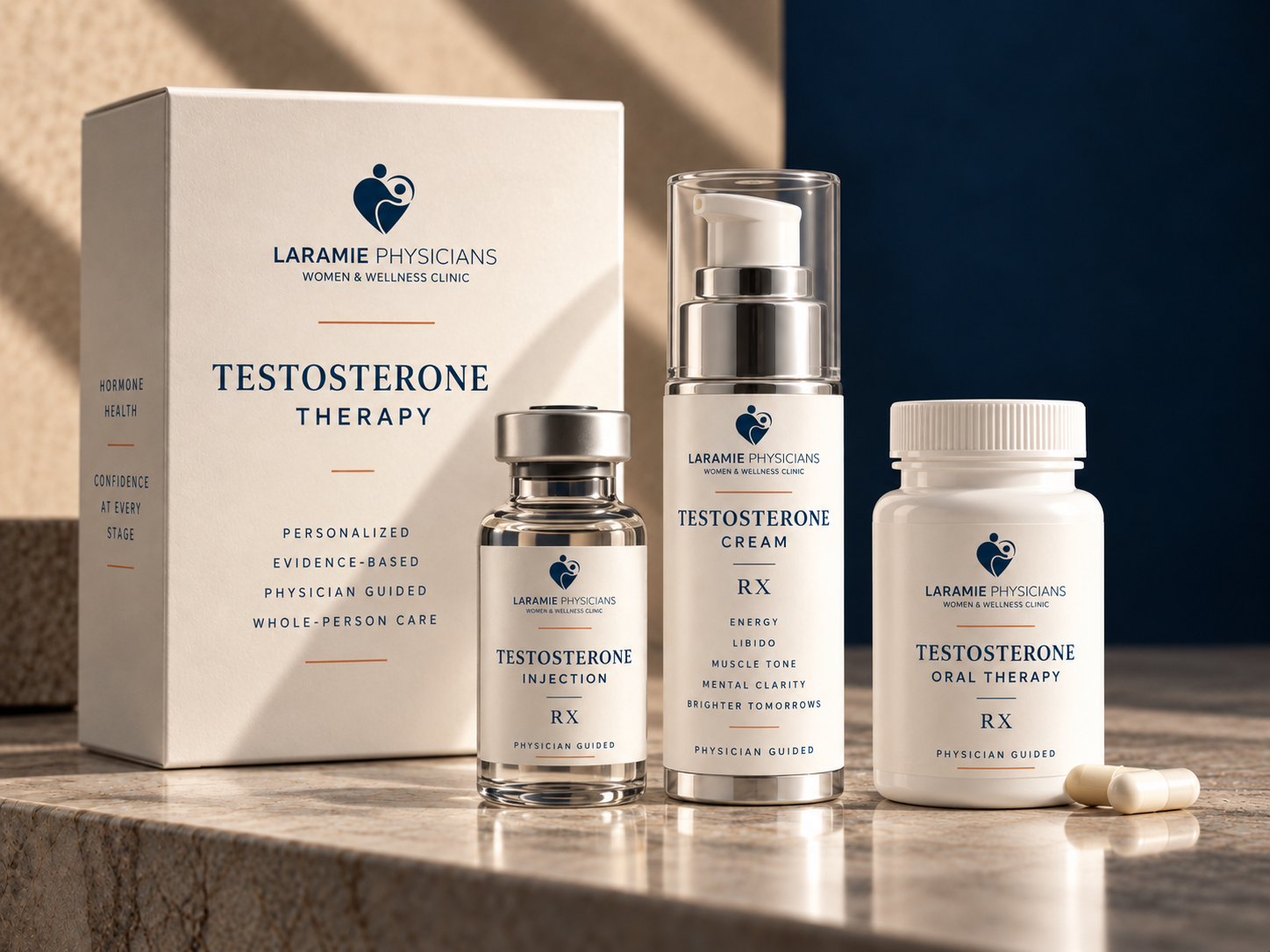 Laramie Physicians Women & Wellness Clinic testosterone therapy packaging with testosterone injection vial, testosterone cream and testosterone oral therapy