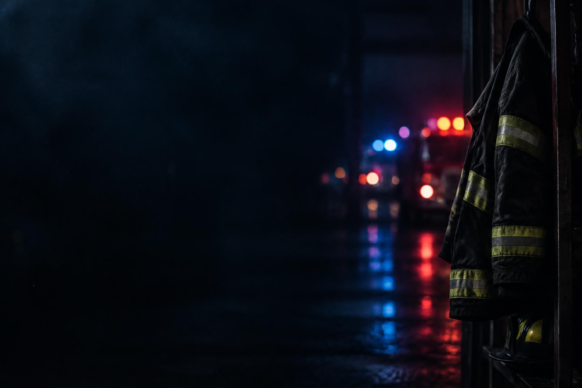 A firefighter's turnout coat hanging in dim light with blurred emergency lights behind; illustrative scene, not LPWWC patients or an endorsed agency